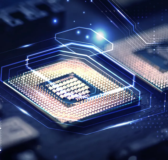 Smart microchip background on a motherboard closeup technology remix.